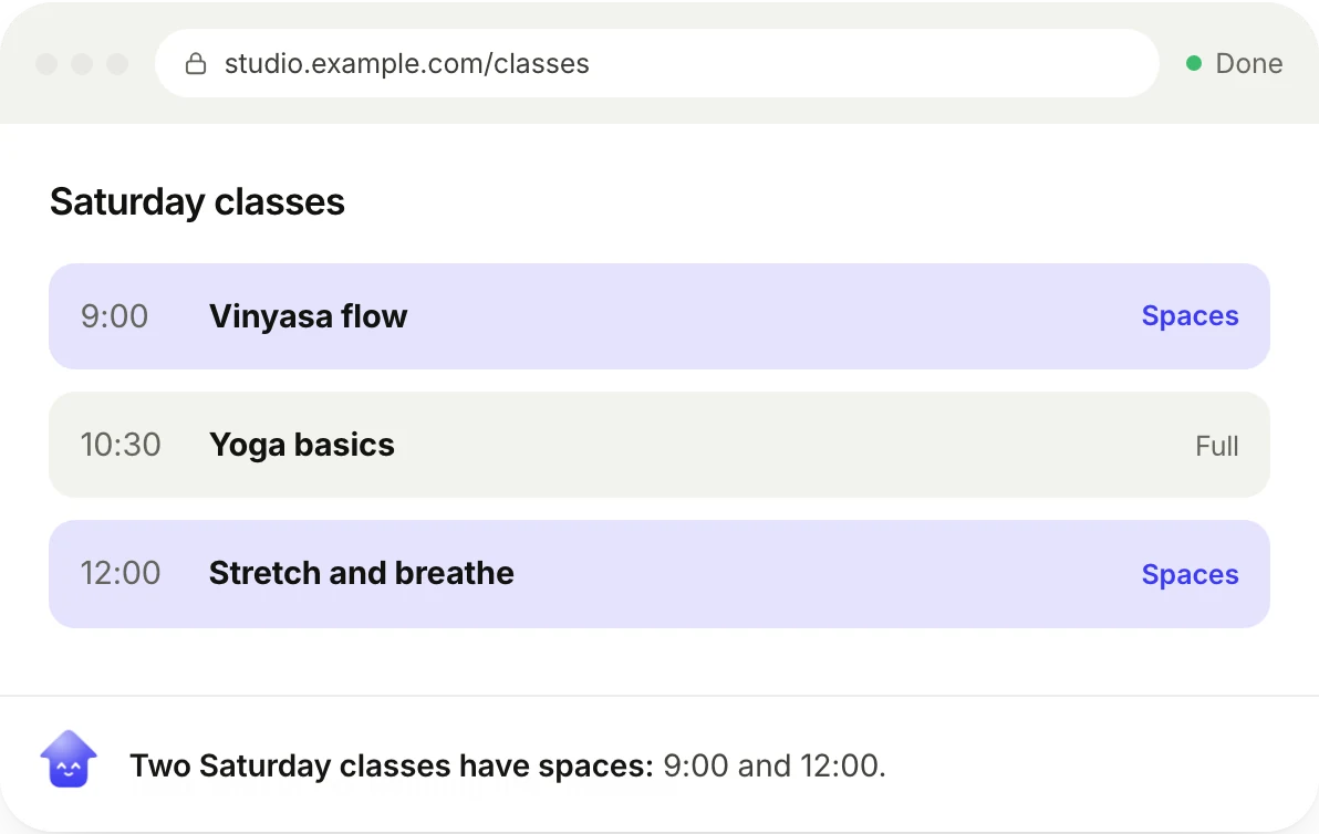 Shft's own browser shows a studio's Saturday classes, with the two that still have spaces marked.