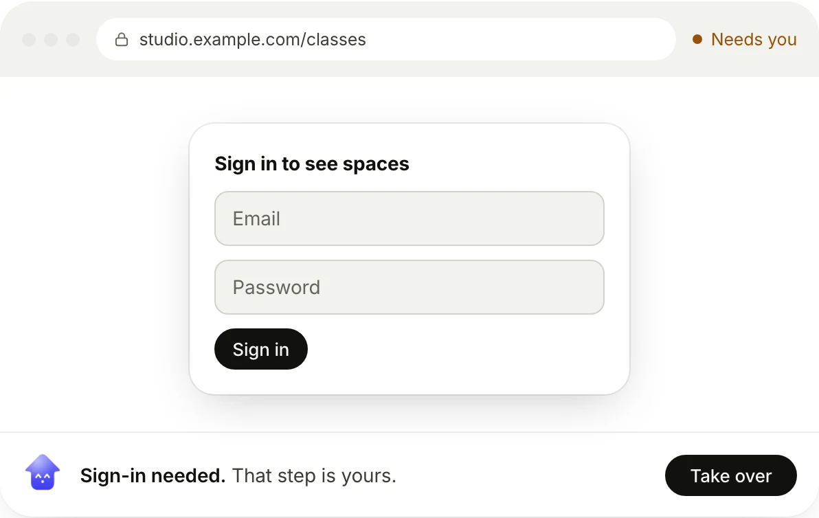 Shft's own browser reaches a sign-in form. A bar at the bottom says the sign-in is needed, that the step is the owner's, and offers a Take over button.